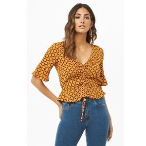 | Forever 21 | Mustard Geo Print Crepe V-Neck Flounce Hem 3/4 Trumpet Sleeve Top